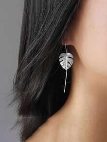 1pair Silver Drop Earrings Monstera Leaves Dangle Earring Unique Jewelry For Mother's Day Gift For Women For Girls - Silver - View 2