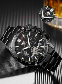 VA VA VOOM 1pc Black Stainless Steel Strap Fashionable Glow In The Dark Round Dial Quartz Watch, For Daily Life - Black - View 2