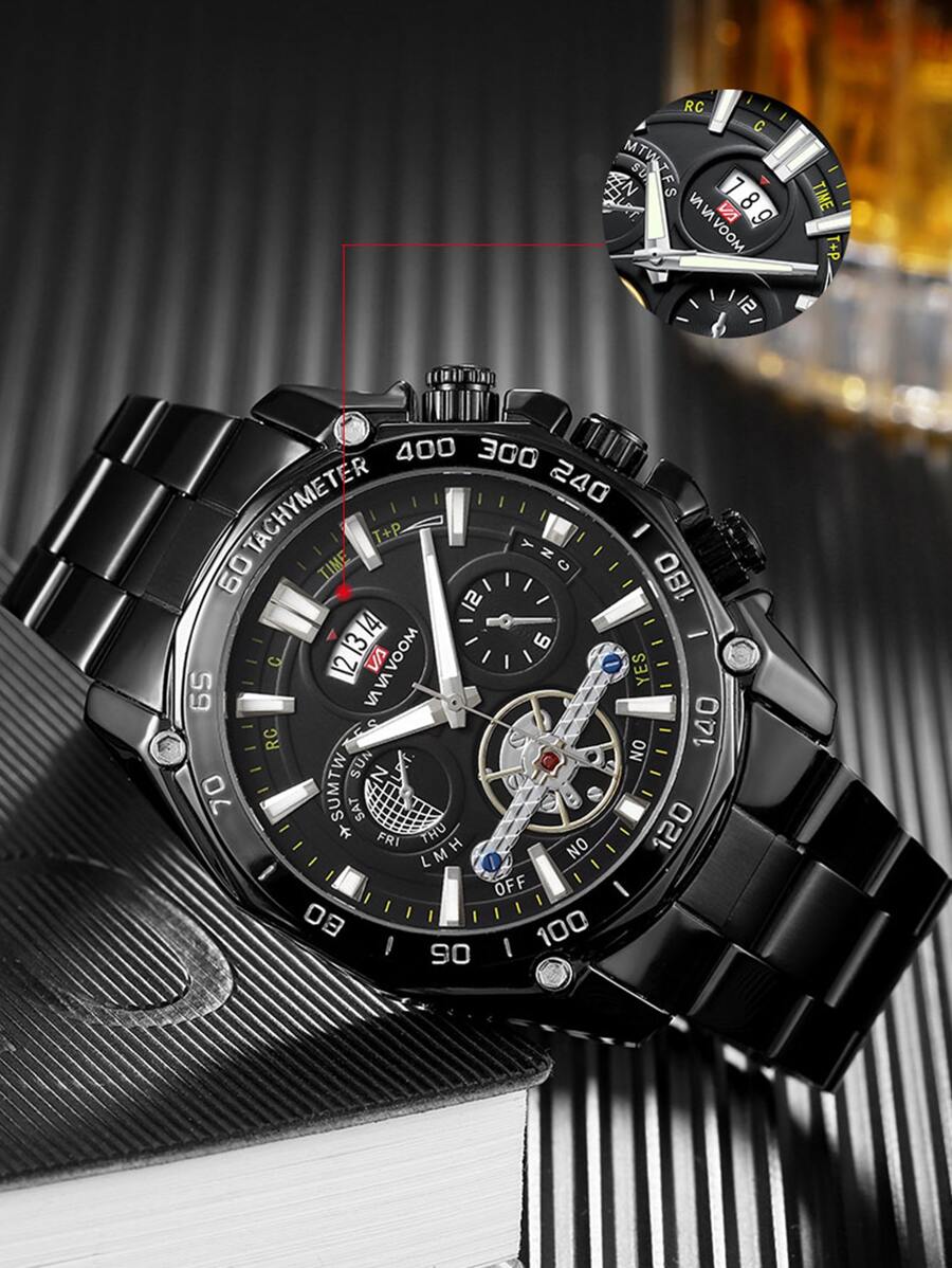 VA VA VOOM 1pc Black Stainless Steel Strap Fashionable Glow In The Dark Round Dial Quartz Watch, For Daily Life