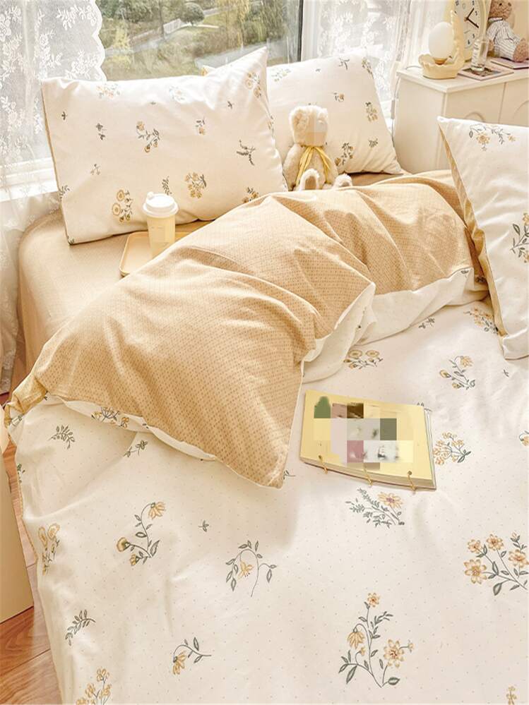 Set copripiumini e federe,4 pezzi Set di biancheria da letto Piante tropicali Stampa digitale Queen King Size Copripiumino in seta lavata Lenzuola Lenzuolo con angoli Federe-7_Queen Size 4 pezzi