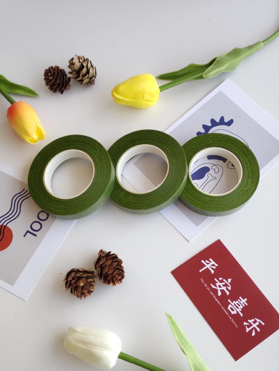 2入組花卉圖案綠色膠帶和紙,自黏式莖織帶插花