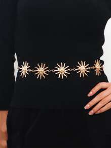 1pc European And American Exaggerated Design Sun-shaped Carved Alloy Smiling Face Chain Belt With Adjustable Length - Gold - View 1