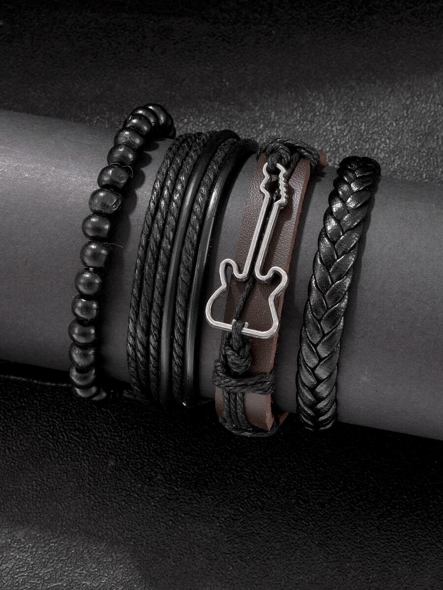 4PCS Men's Guitar Braided PU Leather Suit