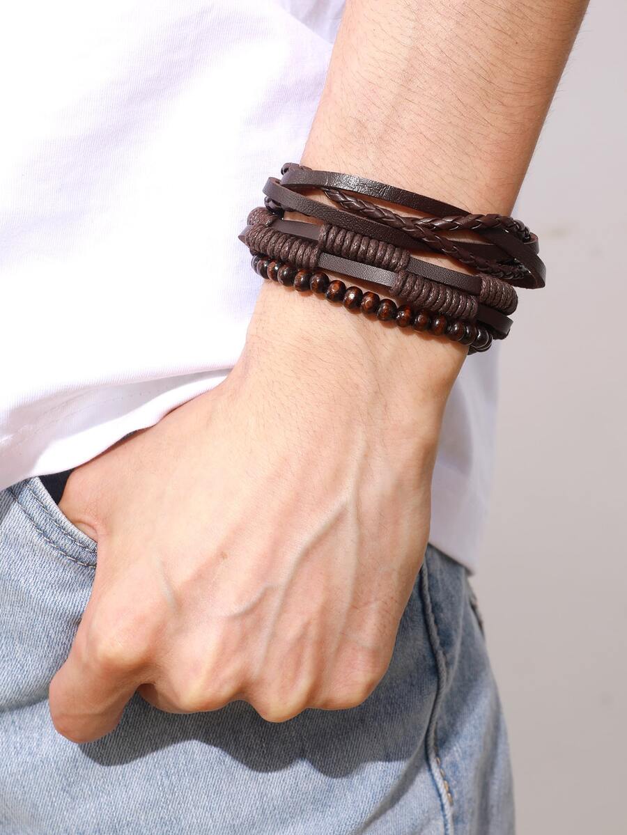 3 件套男士编织 PU 皮革套装 - 棕色 - 查看 1