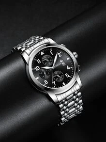 lushika 1入組男士銀不銹鋼帶時尚圓形錶盤石英表,日常裝飾 - 黑色 - 查看 1