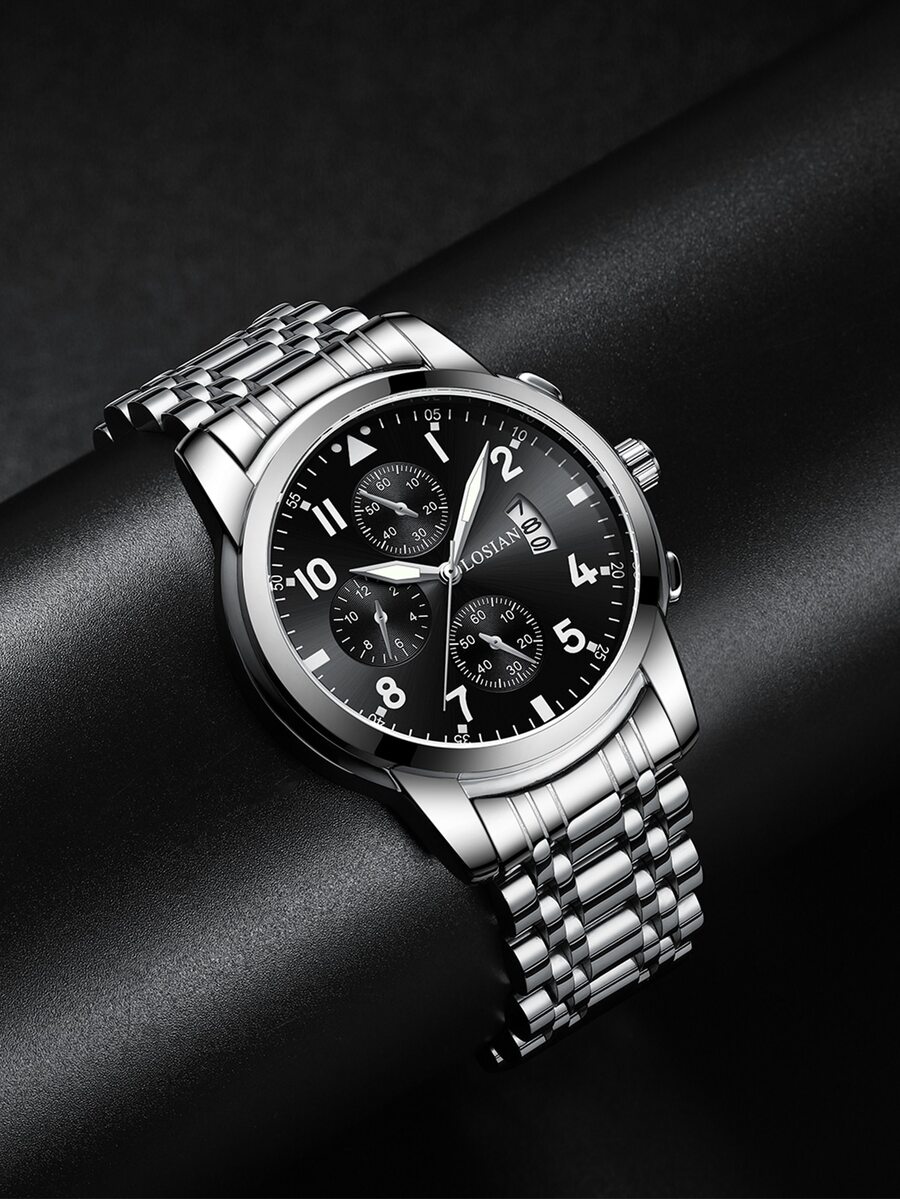 lushika 1入組男士銀不銹鋼帶時尚圓形錶盤石英表,日常裝飾 - 黑色 - 查看 1