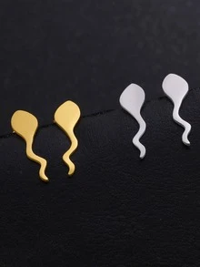 1pair Women's Stainless Steel Mini Cute Tadpole Stud Earrings, Minimalist Animal Ear Jewelry Gift For Girls - Silver - View 1