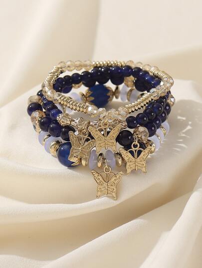 4入組波希米亞風格手工玻璃珠花形手鍊，帶蝴蝶吊墜，適合女性，彈性串飾設計，蝴蝶位置隨機