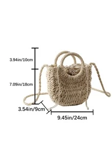 手工編織純色圓把草編包，束口海灘包，休閒假期女士手提包，適合夏季送禮迷你款 - 米色 - 查看 9