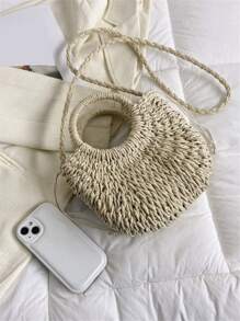 手工編織純色圓把草編包，束口海灘包，休閒假期女士手提包，適合夏季送禮迷你款 - 米色 - 查看 5