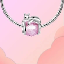 銀鍍貓形粉色圓形魅力吊墜球,適用於手鐲diy女性珠寶 - 銀色 - 查看 2