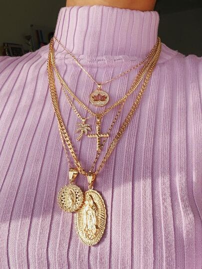 Set de 5 collares con diseño de retratos en capas, versátil para cualquier ocasión