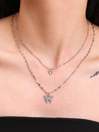 Double Layer Butterfly Necklace - 2022 Spring Summer New Arrival - Shiny Rhinestone - For Women - Korean Fashion With Cool & Light Colored Lock Collarbone Chain