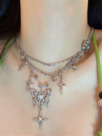 1 pieza Collar de moda vintage con diamante de imitación colgante de mariposa con con accesorio de estrella y luna con cadena de acero inoxidable de mujeres
