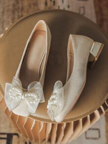 粗跟方頭低跟女性香檳色男士正裝鞋,新娘的柔軟的晚上鞋,伴娘鞋或者每天穿戴帶連衣裙 - 杏色 - 查看 5