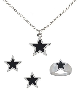 1件套女性黑暗的黑色琺瑯塗層星形設計耳墜(1雙),圓環(1入組)和項鍊(1入組)首飾類在經典和極簡樣式適用於禮品,慶典和度假