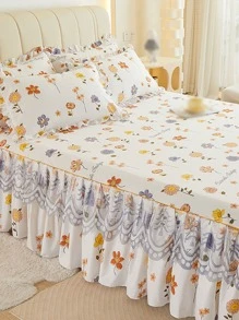 1入組公主風花卉圖案圖案蕾絲床裙套裝,3入組柔軟舒服水分吸收透氣床上用品適用於兩者男士和女士,家庭臥室亚麻成套工具 - 彩色 - 查看 1