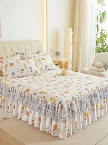 1入組公主風花卉圖案圖案蕾絲床裙套裝,3入組柔軟舒服水分吸收透氣床上用品適用於兩者男士和女士,家庭臥室亚麻成套工具 - 彩色 - 查看 3