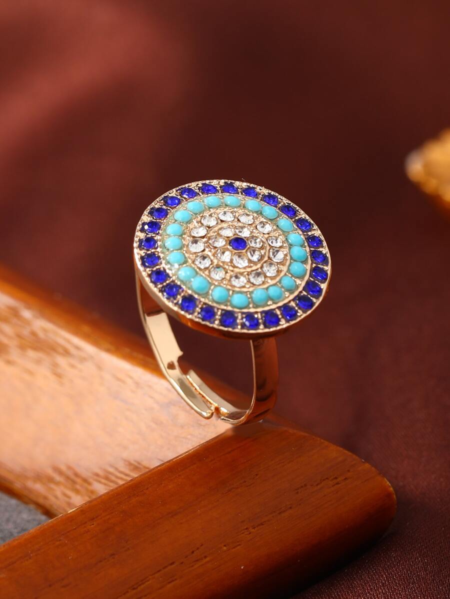 1 件时尚绿松石镶嵌水钻蓝眼金色戒指 - 彩色 - 查看 1