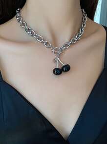 Cherry Necklace For Women, Gothic Collarbone Chain Vintage Pendant Jewelry (Short Chain) - Black - View 2