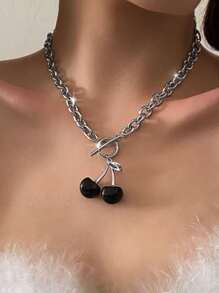 Cherry Necklace For Women, Gothic Collarbone Chain Vintage Pendant Jewelry (Short Chain) - Black - View 3