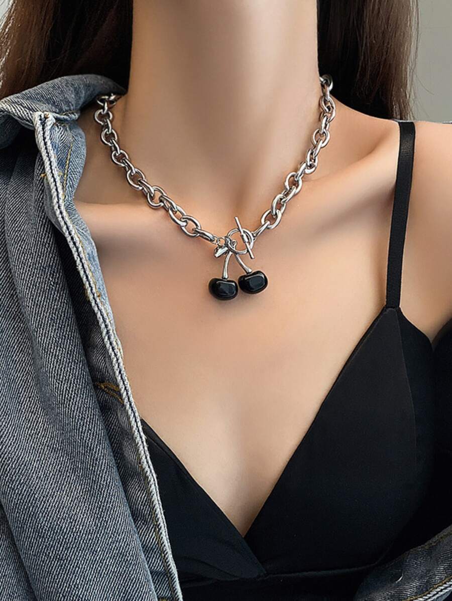 Cherry Necklace For Women, Gothic Collarbone Chain Vintage Pendant Jewelry (Short Chain) - Black - View 1