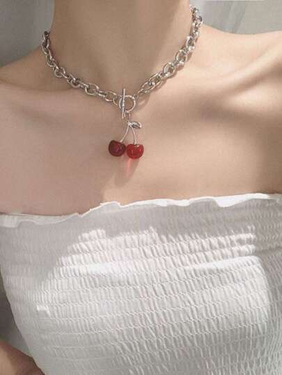 Cherry Necklace For Women, Ins Style Gothic Girl Collarbone Chain Vintage Jewelry (Short Chain)