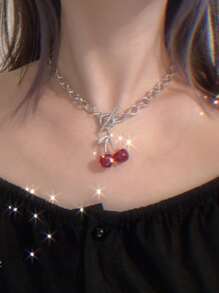 Cherry Necklace For Women, Ins Style Gothic Girl Collarbone Chain Vintage Jewelry (Short Chain) - Red - View 2
