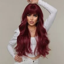 長款卷人造假髮帶劉海 - 酒紅色 - 查看 5