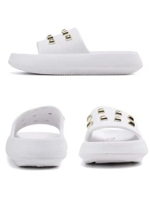 女士鉚釘裝飾單帶時尚白色拖鞋 - 白色 - 查看 4