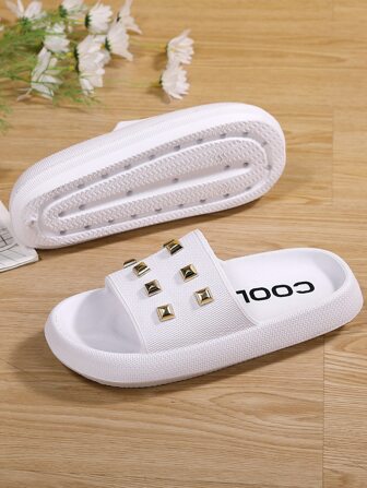 Women Studded Decor Single Band Slides, Fashion White EVA Slides