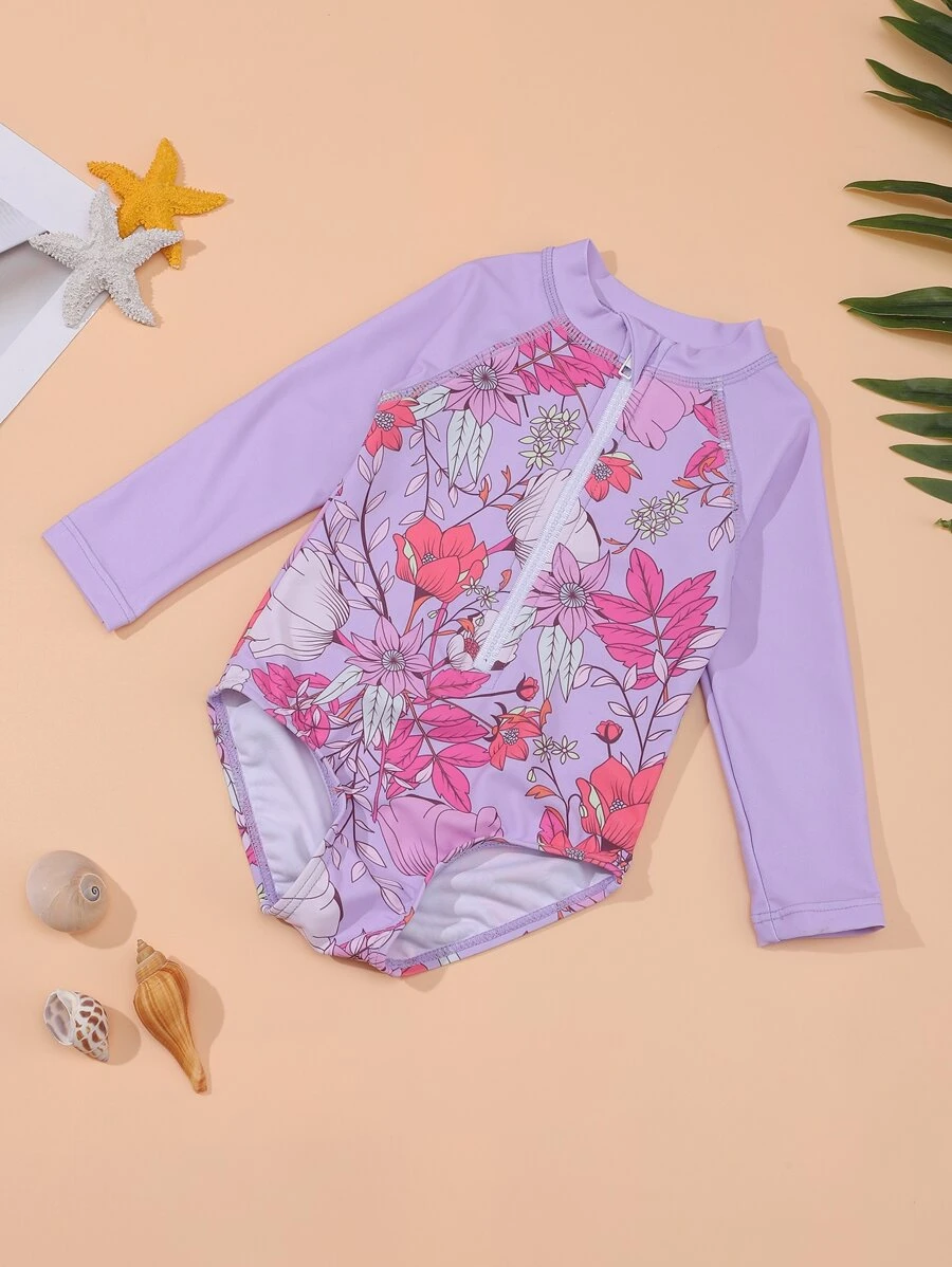 嬰兒印花前拉鍊插肩袖連體泳衣 - 粉色 - 查看 1