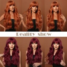 長款卷人造假髮帶劉海 - 酒紅色 - 查看 8