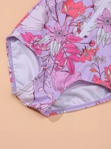 嬰兒印花前拉鍊插肩袖連體泳衣 - 粉色 - 查看 4