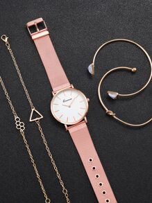 女士時尚網紗帶石英腕錶帶簡約風錶盤+手鐲套裝(5入組/套) - 玫瑰金 - 查看 4