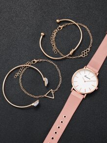 女士時尚網紗帶石英腕錶帶簡約風錶盤+手鐲套裝(5入組/套) - 玫瑰金 - 查看 3