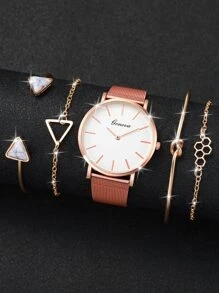 女士時尚網紗帶石英腕錶帶簡約風錶盤+手鐲套裝(5入組/套) - 玫瑰金 - 查看 2