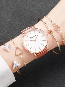 女士時尚網紗帶石英腕錶帶簡約風錶盤+手鐲套裝(5入組/套) - 玫瑰金 - 查看 1