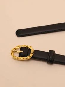 1pc Women's Black Pu Material Vintage Gold Buckle Versatile Belt Casual Summer, School Fall, Autumn, Halloween - Black - View 4