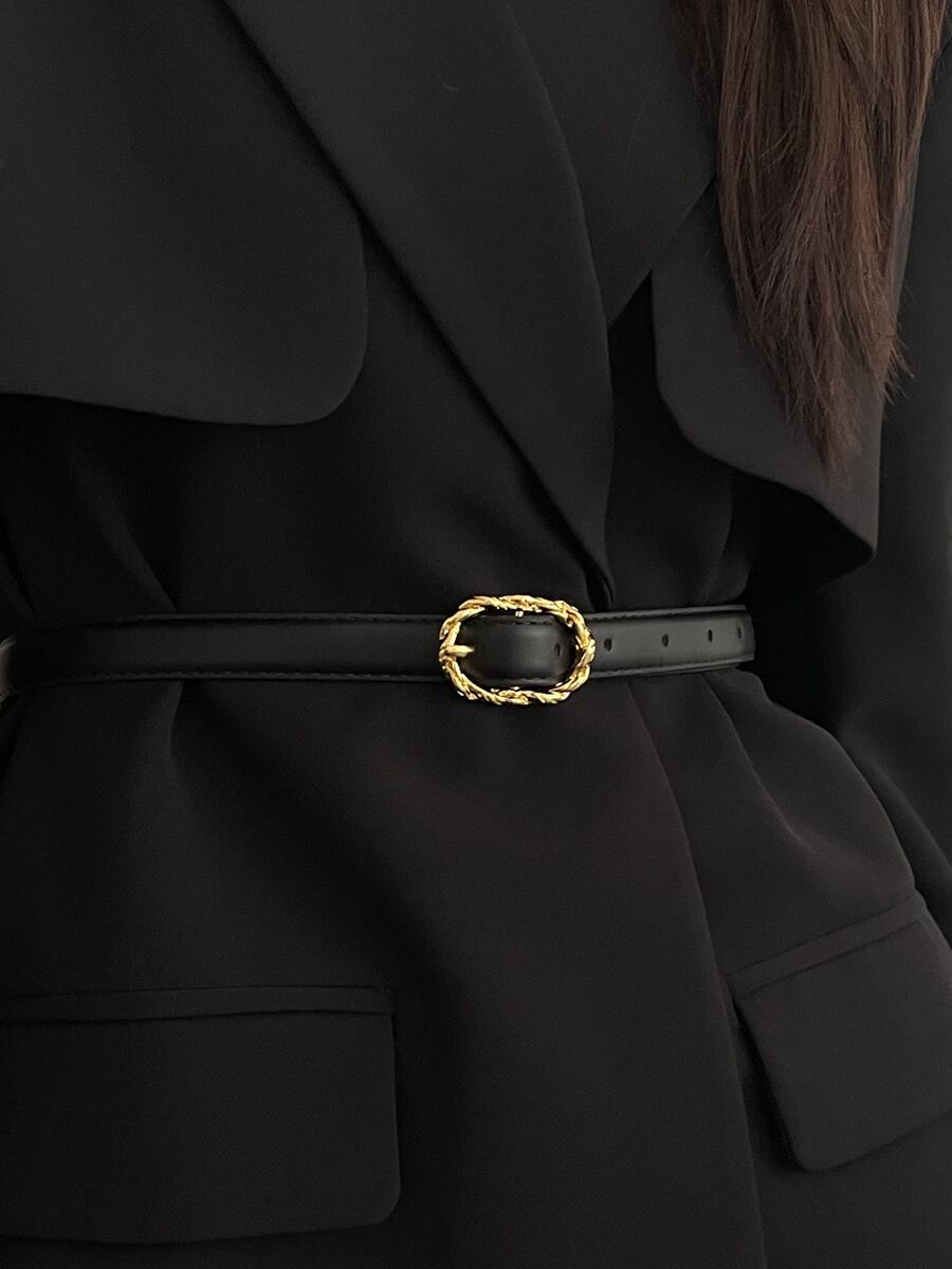 1pc Women's Black Pu Material Vintage Gold Buckle Versatile Belt Casual Summer, School Fall, Autumn, Halloween - Black - View 1