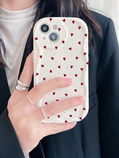 1pc Heart Print Milky White 3D Big Wave Phone Case Compatible With IPhone 11, 12, 13, 14, 15, 16 Series Waterproof Shockproof Anti-Fall Scratch Resistant