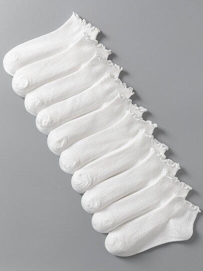 10pairs White Frill Edge Breathable Anti-Slip Short Socks For Women, Simple And Fashionable