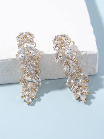 1 par Pendientes de moda brillante zirconia cúbica en forma de hoja delantero trasero , desmontable , para mujeres , elegante diseño para diariamente & fiesta & regalo