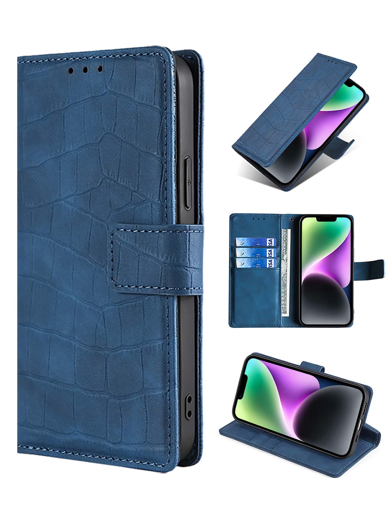 keyunfei 1个蓝色翻盖卡槽支架设计PU皮手机壳，兼容 11/12/13/14/15 Pro Max、 Nord N300、Poco X5、Pixel 7、Redmi 8、Honor X8 5G、A73 5G、P20，国际版，非国内版。 - 藍色 - 查看 1