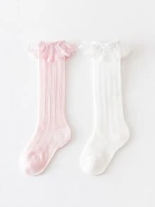 2雙女孩條紋圖案設計褶邊網紗設計高筒襪適用於日常生活 - 彩色 - 查看 1