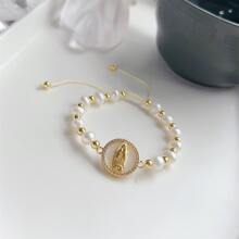 Vòng tay mặt dây chuyền thời trang Virgin Mary, Vòng tay đính cườm ngọc trai nuôi cấy - Màu be - Xem 4