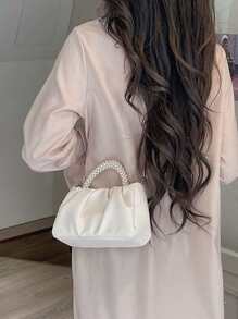 菱形公主仿珍珠和水钻珍珠链和装饰仿珍珠手柄云形褶皱单肩包，适合派对、婚礼、舞会和晚宴、口红、女士珍珠包、时尚商务休闲女士包，非常适合办公室、商务和工作 - 米色 - 查看 4