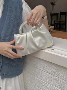 菱形公主仿珍珠和水钻珍珠链和装饰仿珍珠手柄云形褶皱单肩包，适合派对、婚礼、舞会和晚宴、口红、女士珍珠包、时尚商务休闲女士包，非常适合办公室、商务和工作 - 米色 - 查看 6