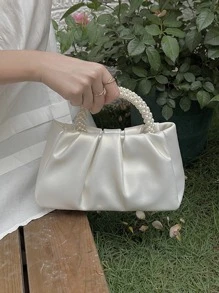 菱形公主仿珍珠和水钻珍珠链和装饰仿珍珠手柄云形褶皱单肩包，适合派对、婚礼、舞会和晚宴、口红、女士珍珠包、时尚商务休闲女士包，非常适合办公室、商务和工作 - 米色 - 查看 7