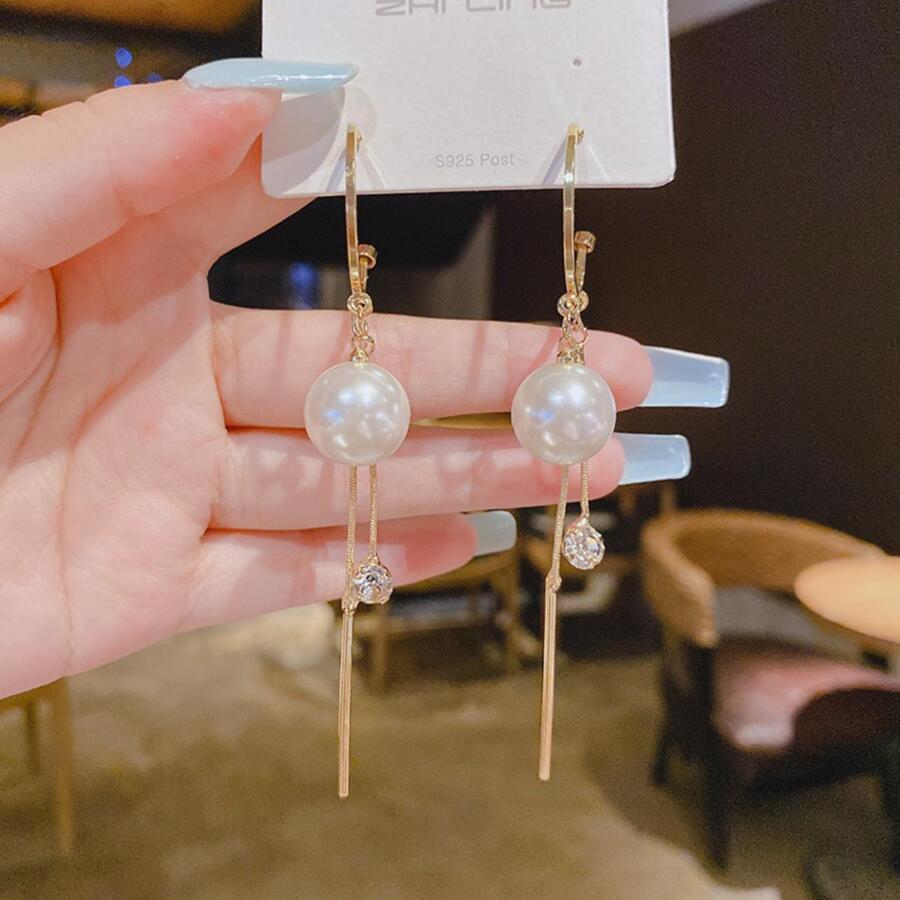 925银针优雅设计仿珍珠长流苏耳环，款式独特，个性时尚，可搭配耳环吊坠 - 白色 - 查看 1